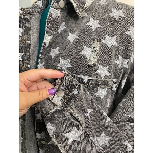 POL Denim Jacket Distressed Oversized Loose Fit Gray White Stars Y2K Size L - Picture 4 of 8